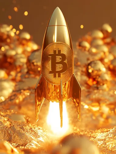 Bitcoin logo rocket launcher, cryptocurrency concept. The growth rate of the gold coin for designers and breaking news. Gold piece appreciation in the form. 3d render