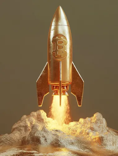 Bitcoin logo rocket launcher, cryptocurrency concept. The growth rate of the gold coin for designers and breaking news. Gold piece appreciation in the form. 3d render
