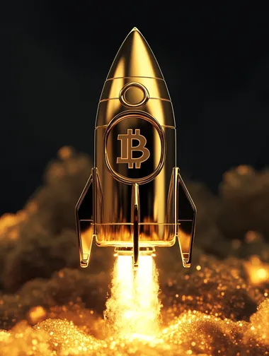 Bitcoin logo rocket launcher, cryptocurrency concept. The growth rate of the gold coin for designers and breaking news. Gold piece appreciation in the form. 3d render