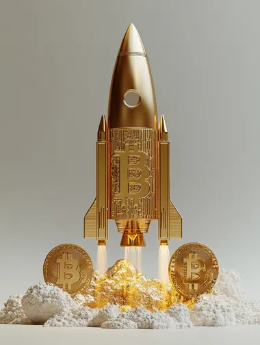 Bitcoin logo rocket launcher, cryptocurrency concept. The growth rate of the gold coin for designers and breaking news. Gold piece appreciation in the form. 3d render