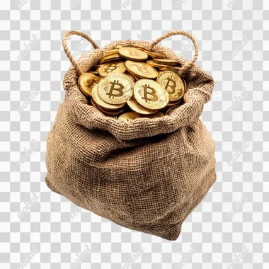 Bag of Bitcoin, show coins, ancient money bag, realistic, white background, luxury style, isolated
