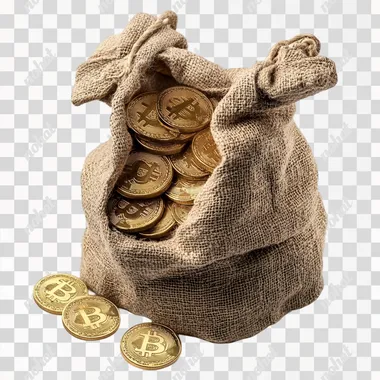 Bag of Bitcoin, show coins, ancient money bag, realistic, white background, luxury style, isolated