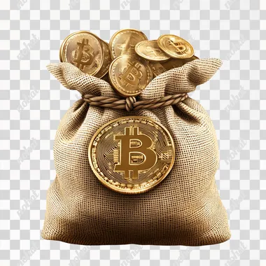 Bag of Bitcoin, show coins, ancient money bag, realistic, white background, luxury style, isolated