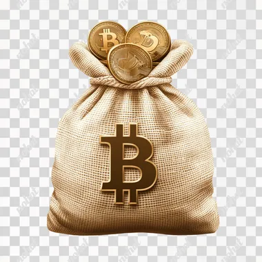 Bag of Bitcoin, show coins, ancient money bag, realistic, white background, luxury style, isolated
