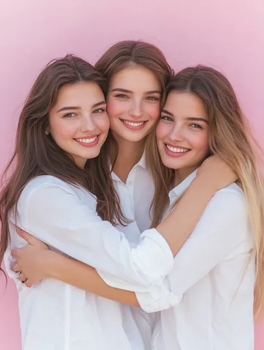 three beautiful women of European appearance hug and smile on a pink background. Several ladies in white shirts. Female friendship. High quality photo