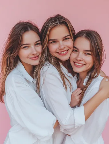 three beautiful women of European appearance hug and smile on a pink background. Several ladies in white shirts. Female friendship. High quality photo