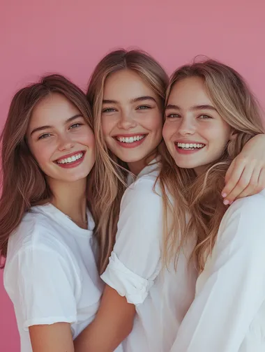 three beautiful women of European appearance hug and smile on a pink background. Several ladies in white shirts. Female friendship. High quality photo