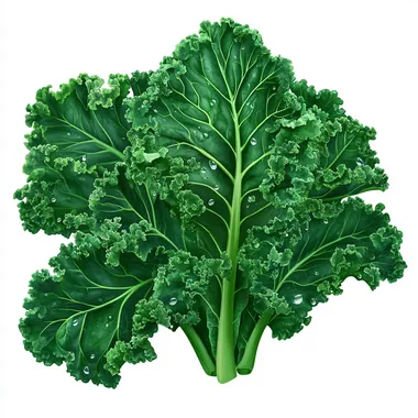 Create a highly realistic image of fresh kale leaves, showcasing their texture and vibrant green color. The background should be plain white to emphasize the kale, capturing details such as the ribbing of the leaves and the fresh dew drops on the surface.