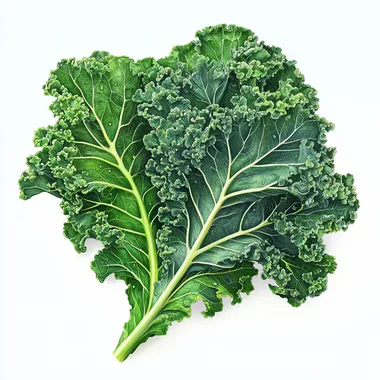 Create a highly realistic image of fresh kale leaves, showcasing their texture and vibrant green color. The background should be plain white to emphasize the kale, capturing details such as the ribbing of the leaves and the fresh dew drops on the surface.