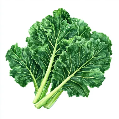 Create a highly realistic image of fresh kale leaves, showcasing their texture and vibrant green color. The background should be plain white to emphasize the kale, capturing details such as the ribbing of the leaves and the fresh dew drops on the surface.