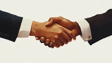 Create a realistic image of two hands shaking in a professional setting, emphasizing the detail of the skin texture and the business attire of the individuals. Use a neutral color scheme with shades of skin tones and a subtle contrast provided by the clothing (dark suits). The background should be plain white to focus on the handshake.