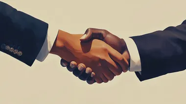 Create a realistic image of two hands shaking in a professional setting, emphasizing the detail of the skin texture and the business attire of the individuals. Use a neutral color scheme with shades of skin tones and a subtle contrast provided by the clothing (dark suits). The background should be plain white to focus on the handshake.