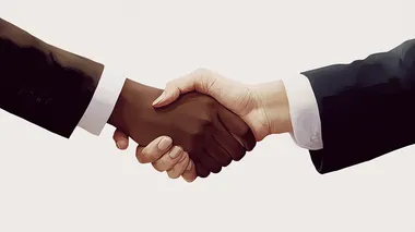 Create a realistic image of two hands shaking in a professional setting, emphasizing the detail of the skin texture and the business attire of the individuals. Use a neutral color scheme with shades of skin tones and a subtle contrast provided by the clothing (dark suits). The background should be plain white to focus on the handshake.