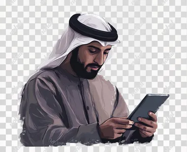 Arab man using phone or laptop wearing traditional isolated on white.