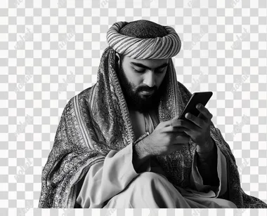 Arab man using phone or laptop wearing traditional isolated on white.
