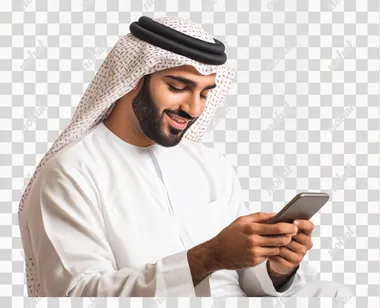 Arab man using phone or laptop wearing traditional isolated on white.