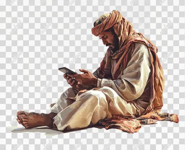 Arab man using phone or laptop wearing traditional isolated on white.