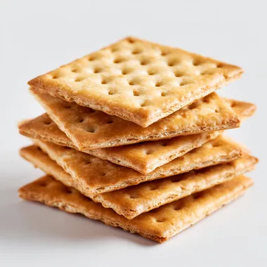A stack of square golden-brown crackers with tiny holes on the surface, arranged neatly on a white background, studio lighting, realistic food photography, high detail, 3:2 aspect ratio