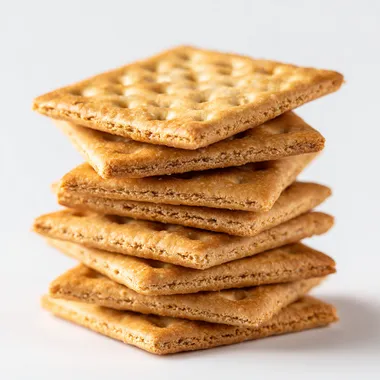 A stack of square golden-brown crackers with tiny holes on the surface, arranged neatly on a white background, studio lighting, realistic food photography, high detail, 3:2 aspect ratio
