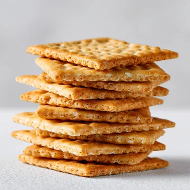 A stack of square golden-brown crackers with tiny holes on the surface, arranged neatly on a white background, studio lighting, realistic food photography, high detail, 3:2 aspect ratio