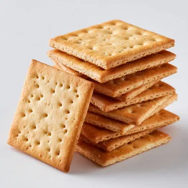 A stack of square golden-brown crackers with tiny holes on the surface, arranged neatly on a white background, studio lighting, realistic food photography, high detail, 3:2 aspect ratio