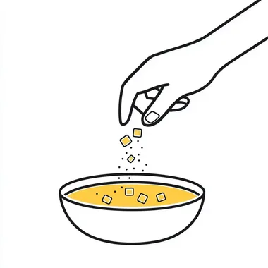 A hand tossed a pinch into a bowl of soup. Cooking, preparing dinner. Thin line vector illustration on white background, minimal style