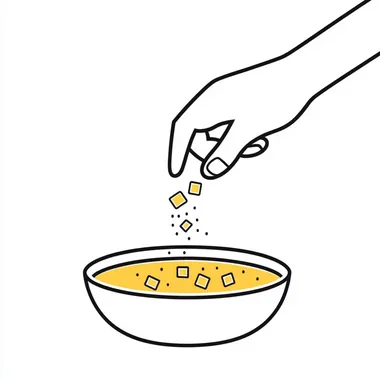 A hand tossed a pinch into a bowl of soup. Cooking, preparing dinner. Thin line vector illustration on white background, minimal style