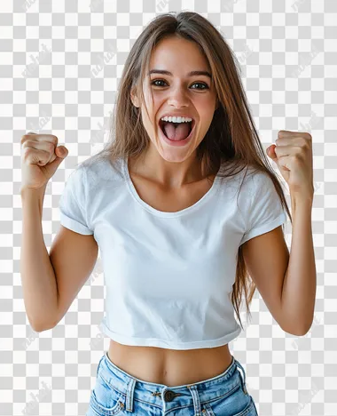 Young excited happy woman she wears white top shirt casual clothes doing winner gesture celebrate clenching fists isolated on white background studio portrait. Lifestyle concept