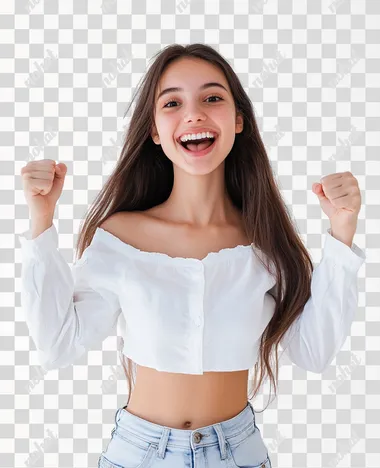 Young excited happy woman she wears white top shirt casual clothes doing winner gesture celebrate clenching fists isolated on white background studio portrait. Lifestyle concept