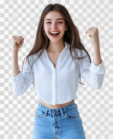 Young excited happy woman she wears white top shirt casual clothes doing winner gesture celebrate clenching fists isolated on white background studio portrait. Lifestyle concept