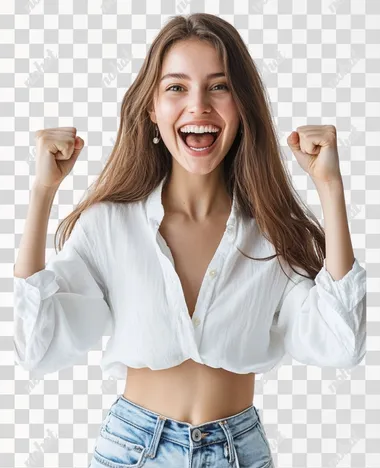 Young excited happy woman she wears white top shirt casual clothes doing winner gesture celebrate clenching fists isolated on white background studio portrait. Lifestyle concept
