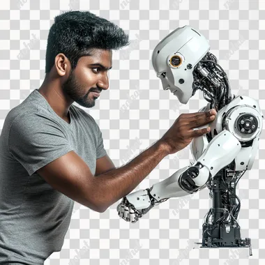 Indian man arm wrestling with a robot, photorealistic, confident face, studio lighting, isolated on white background