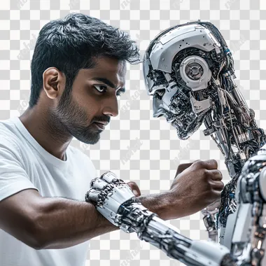 Indian man arm wrestling with a robot, photorealistic, confident face, studio lighting, isolated on white background