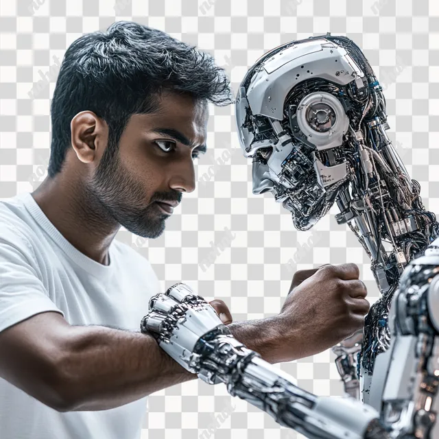 PNG Indian man arm wrestling robot in studio, confident expression, isolated