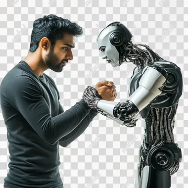 Indian man arm wrestling with a robot, photorealistic, confident face, studio lighting, isolated on white background