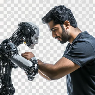 Indian man arm wrestling with a robot, photorealistic, confident face, studio lighting, isolated on white background