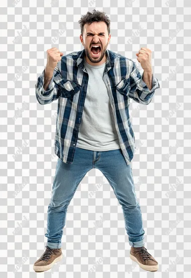 Full body shot an aggressive United Kingdom man in casual clothes shouts at camera, shows his teeth and holds fingers in tight fists. Aggression and attacking. Negative reaction. Shouting man, isolated on white background.