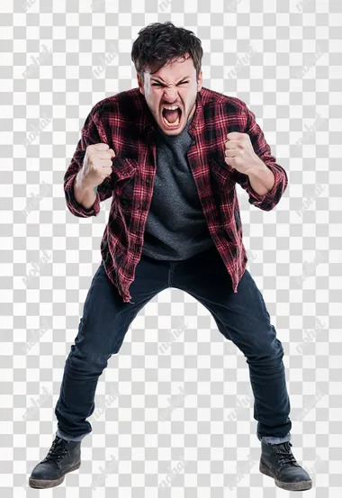 Full body shot an aggressive United Kingdom man in casual clothes shouts at camera, shows his teeth and holds fingers in tight fists. Aggression and attacking. Negative reaction. Shouting man, isolated on white background.