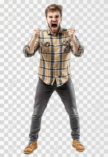 Full body shot an aggressive United Kingdom man in casual clothes shouts at camera, shows his teeth and holds fingers in tight fists. Aggression and attacking. Negative reaction. Shouting man, isolated on white background.