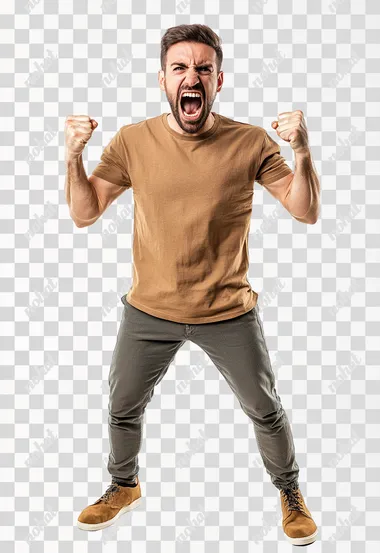 Full body shot an aggressive United Kingdom man in casual clothes shouts at camera, shows his teeth and holds fingers in tight fists. Aggression and attacking. Negative reaction. Shouting man, isolated on white background.