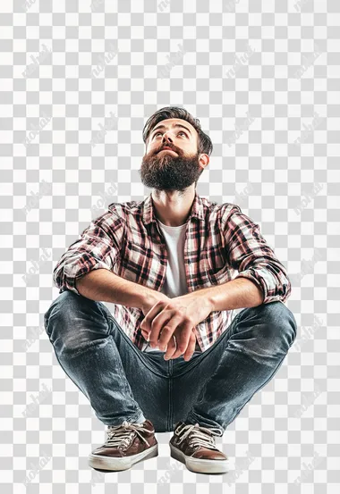 An isolated bearded man in casual wear sits on a white background with hands on his thighs and looks up. Searching for answers. Waiting for help. Thinking of problems. isolated on white background.
