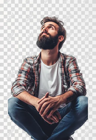 An isolated bearded man in casual wear sits on a white background with hands on his thighs and looks up. Searching for answers. Waiting for help. Thinking of problems. isolated on white background.