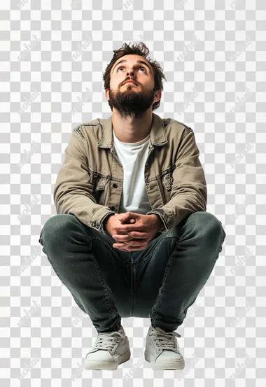 An isolated bearded man in casual wear sits on a white background with hands on his thighs and looks up. Searching for answers. Waiting for help. Thinking of problems. isolated on white background.