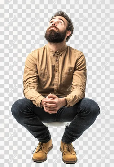 An isolated bearded man in casual wear sits on a white background with hands on his thighs and looks up. Searching for answers. Waiting for help. Thinking of problems. isolated on white background.