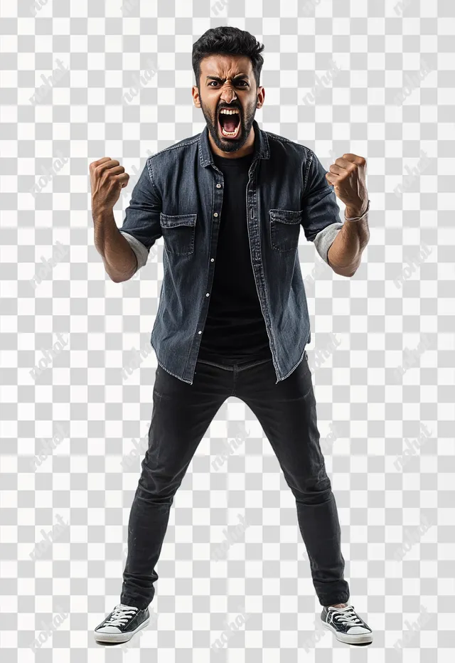 PNG Aggressive Indian man shouting with fists raised, full body portrait