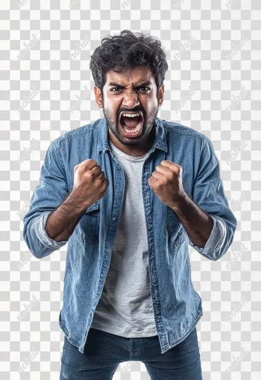 Full body an aggressive Indian man in casual clothes shouts at camera, shows his teeth and holds fingers in tight fists. Aggression and attacking. Negative reaction. Shouting man, isolated on white background.