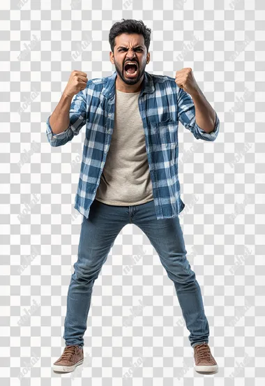 Full body an aggressive Indian man in casual clothes shouts at camera, shows his teeth and holds fingers in tight fists. Aggression and attacking. Negative reaction. Shouting man, isolated on white background.