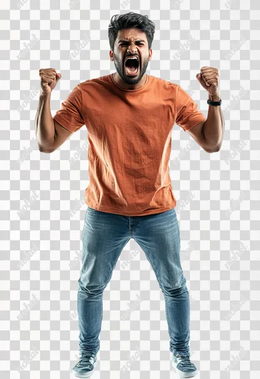 Full body an aggressive Indian man in casual clothes shouts at camera, shows his teeth and holds fingers in tight fists. Aggression and attacking. Negative reaction. Shouting man, isolated on white background.