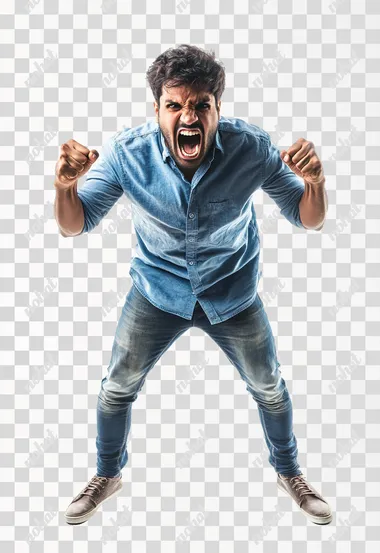 Full body an aggressive Indian man in casual clothes shouts at camera, shows his teeth and holds fingers in tight fists. Aggression and attacking. Negative reaction. Shouting man, isolated on white background.