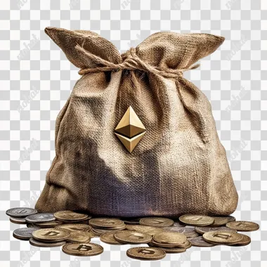 Bag of Ethereum, show coins, ancient money bag, realistic, white background, luxury, isolated